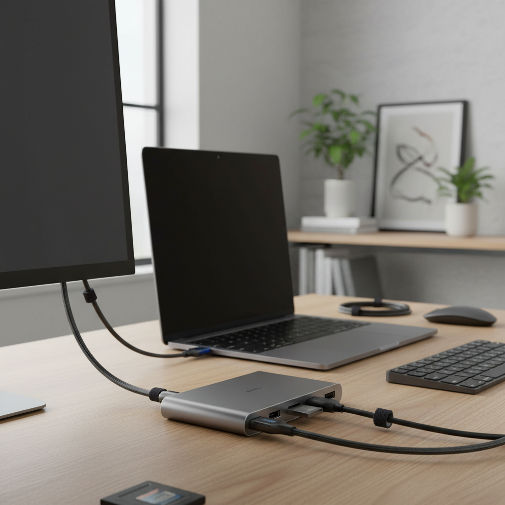 심플하고 세련된 스페이스 그레이 알루미늄 외관의 USB-C 허브가 최신형 슬림 노트북 옆에 놓여 있으며 HDMI, USB 3.0, SD 카드 슬롯에 케이블이 깔끔하게 연결된 고해상도 데스크테리어 이미지