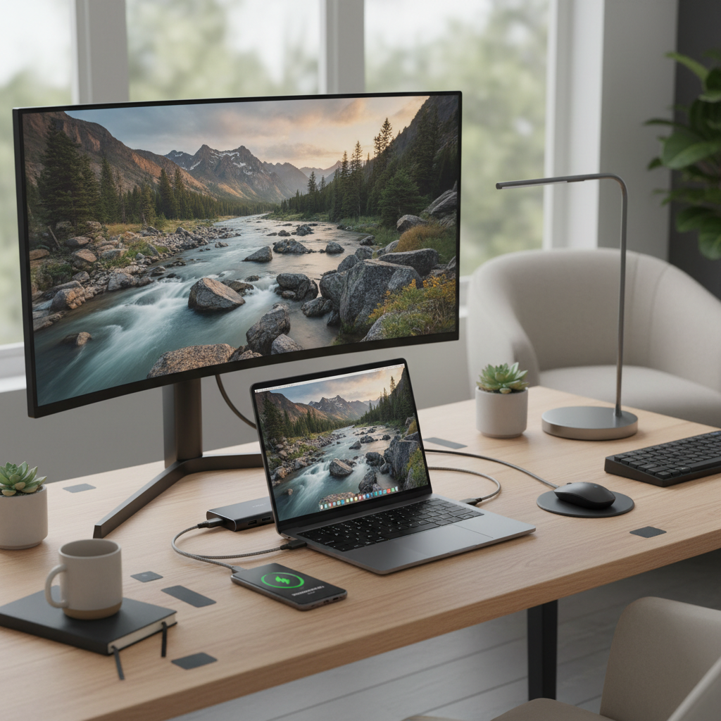 다양한 포트가 장착된 7-in-1 C타입 멀티 허브를 통해 노트북과 외부 모니터가 연결되어 고화질 4K 영상이 출력되는 스마트한 홈 오피스 작업 환경 사진