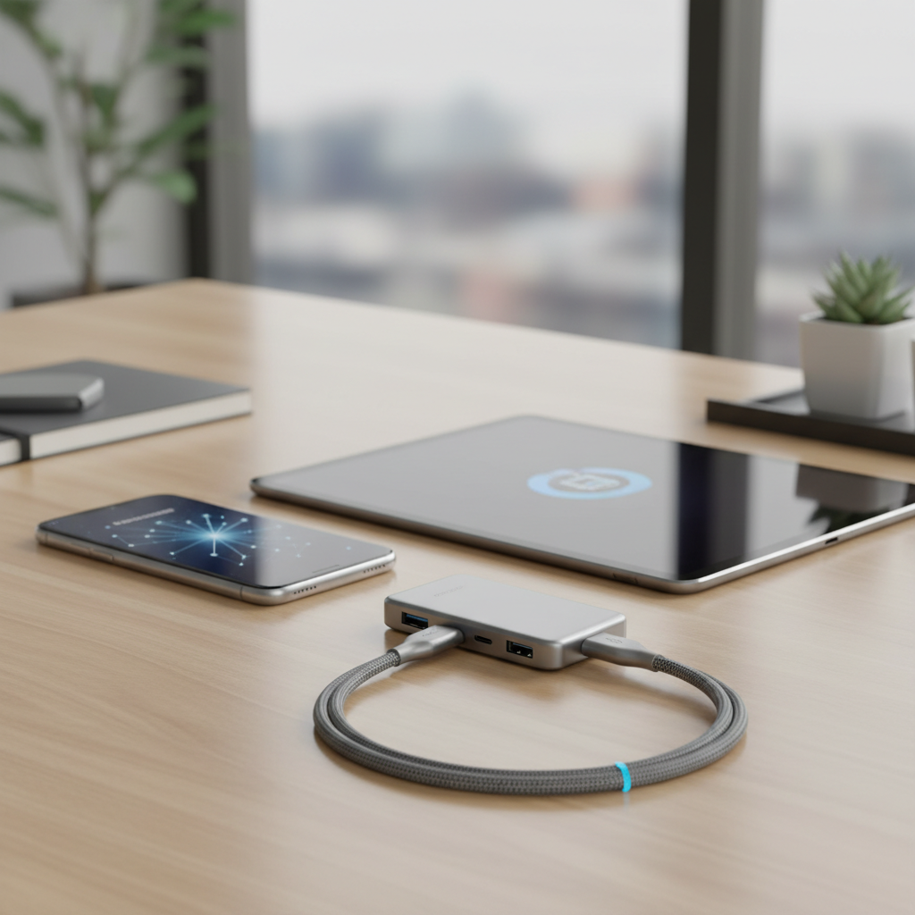 세련된 브레이디드 케이블이 달린 C타입 허브가 스마트폰 및 태블릿 PC와 나란히 놓여 있어 기기 간의 높은 호환성과 확장성을 강조한 테크 라이프스타일 이미지