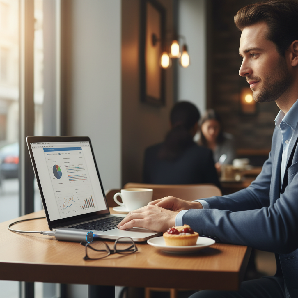 카페에서 노트북을 사용하는 사용자가 휴대용 C타입 허브에 USB 메모리를 꽂아 문서를 작업하는 일상적이고 자연스러운 감성의 라이프스타일 사진